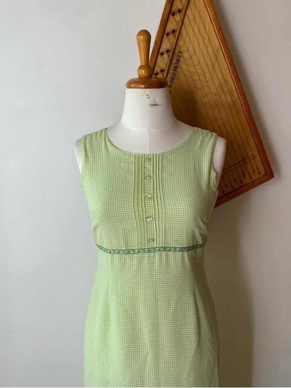 Vintage Sleeveless Light Green gingham Maxi Dress - Picture 3 of 5